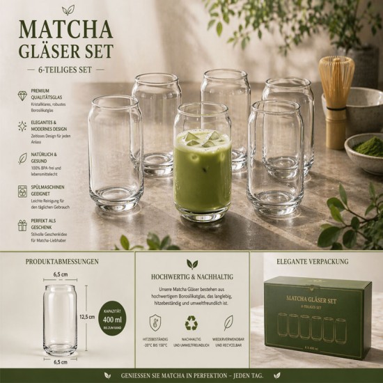 Matcha Glas 400 ml – Elegantes Trinkglas modern & stilvoll | ideal für Matcha | Kaffee & Getränke 6 stk. -  -