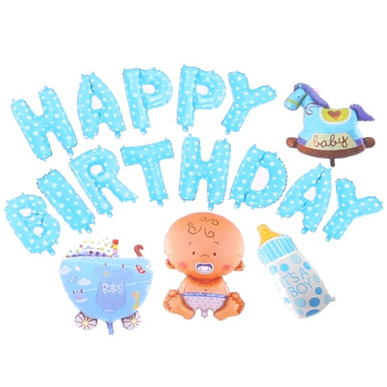 Mavi Bebek Temalı Puantiyeli Happy Birthday Balon - MA0043 - Mytortenland