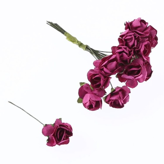 Fuşya Renkte Dekoratif Amaçlı Kağıttan Küçük Güller 12 Adet - Y556 - Mytortenland