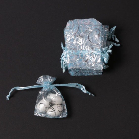 Mini Tül Kese Mavi Gümüş Desenli 25 Adet - YY001 - Mytortenland