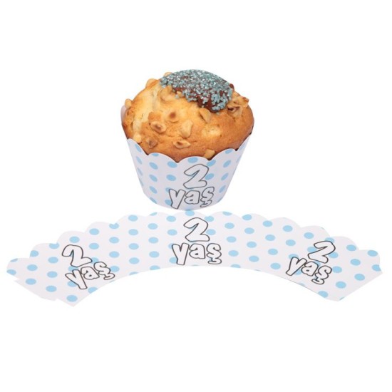 2 JahrThema Blau mit Pünktchen Cupcake / Muffin  Wrapper - H0026 - Mytortenland