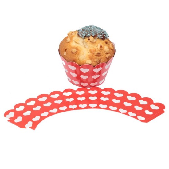 Cupcake - Muffin Wrapper Rot mit Weiße Herz Motiv - H0010 - Mytortenland